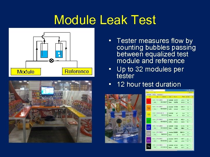 Module Leak Test Module Reference • Tester measures flow by counting bubbles passing between