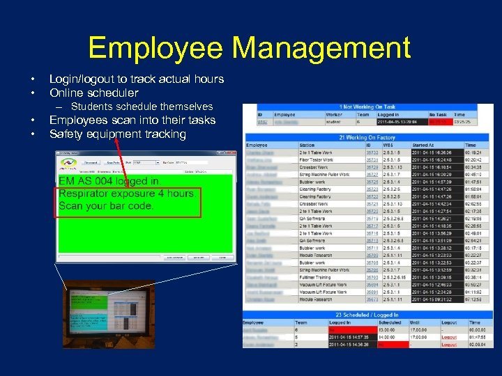 Employee Management • • Login/logout to track actual hours Online scheduler – Students schedule