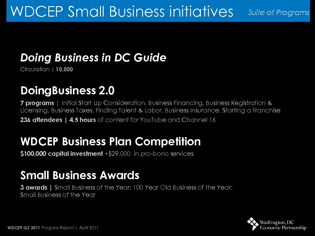 WDCEP Small Business initiatives Suite of Programs Doing Business in DC Guide Circulation |