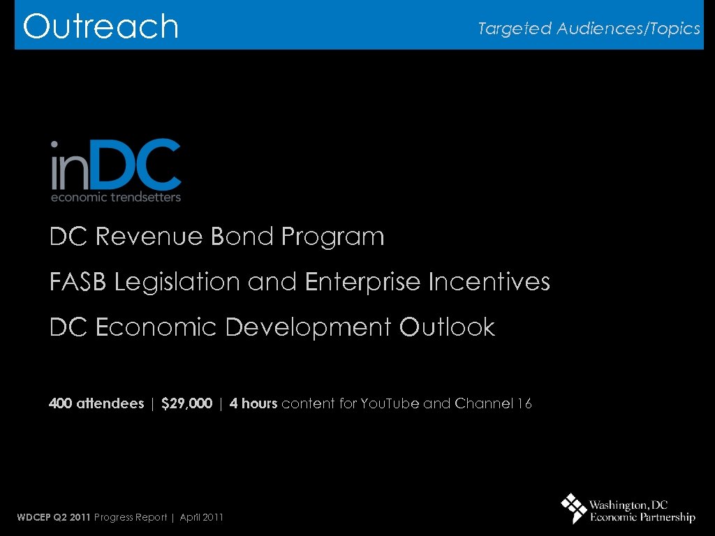 Outreach Targeted Audiences/Topics DC Revenue Bond Program FASB Legislation and Enterprise Incentives DC Economic