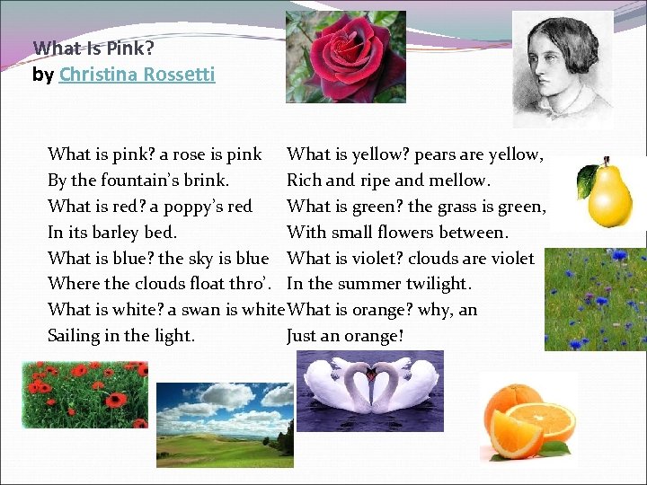 What Is Pink? by Christina Rossetti What is pink? a rose is pink What