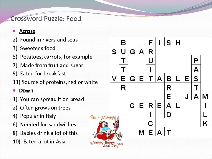 Crossword Puzzle: Food Across 2) Found in rivers and seas 3) Sweetens food 5)