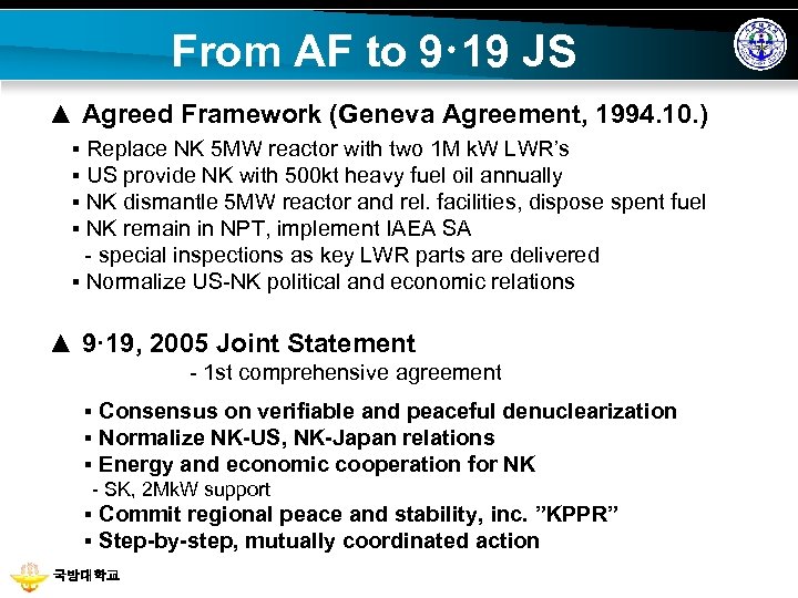 From AF to 9· 19 JS ▲ Agreed Framework (Geneva Agreement, 1994. 10. )