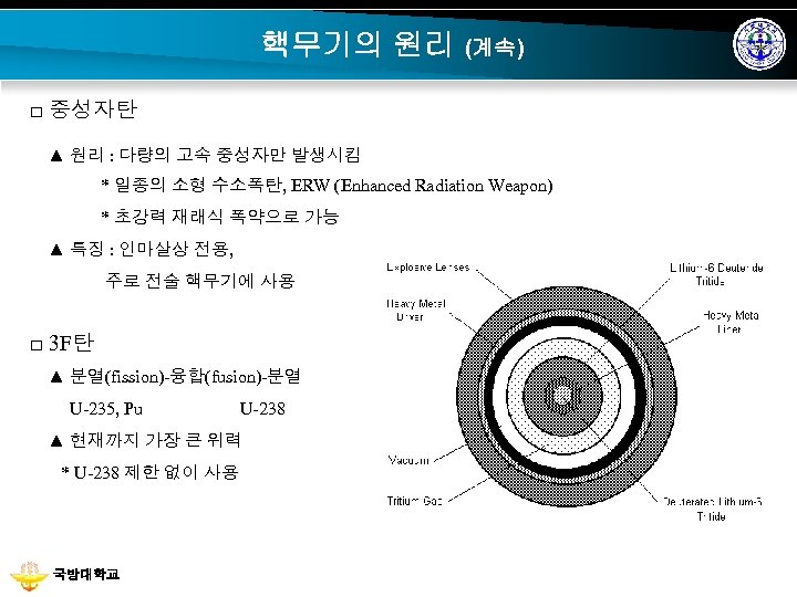핵무기의 원리 (계속) □ 중성자탄 ▲ 원리 : 다량의 고속 중성자만 발생시킴 * 일종의