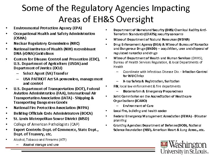 Some of the Regulatory Agencies Impacting Areas of EH&S Oversight • • • Environmental