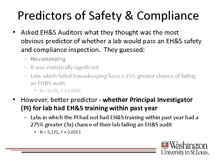 Predictors of Safety & Compliance • Asked EH&S Auditors what they thought was the