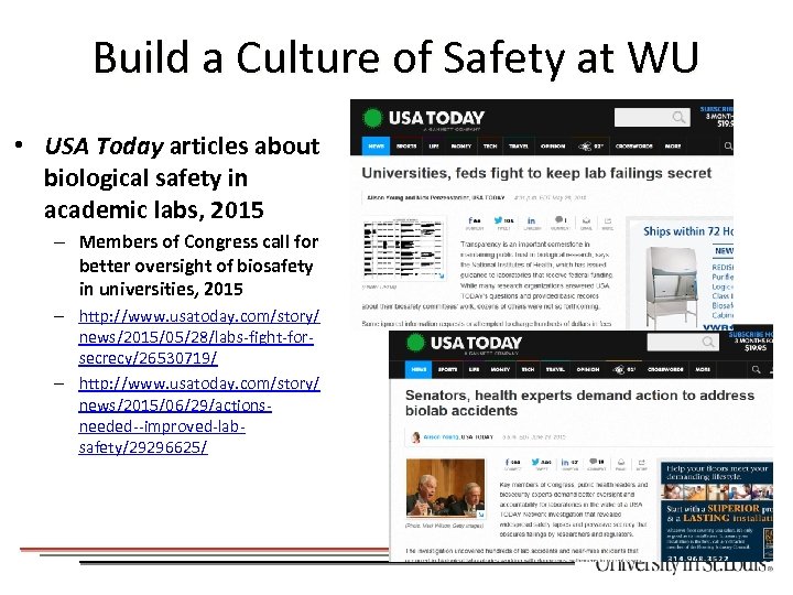 Build a Culture of Safety at WU • USA Today articles about biological safety