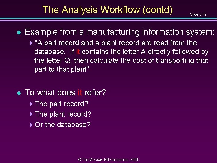 The Analysis Workflow (contd) l Slide 3. 19 Example from a manufacturing information system: