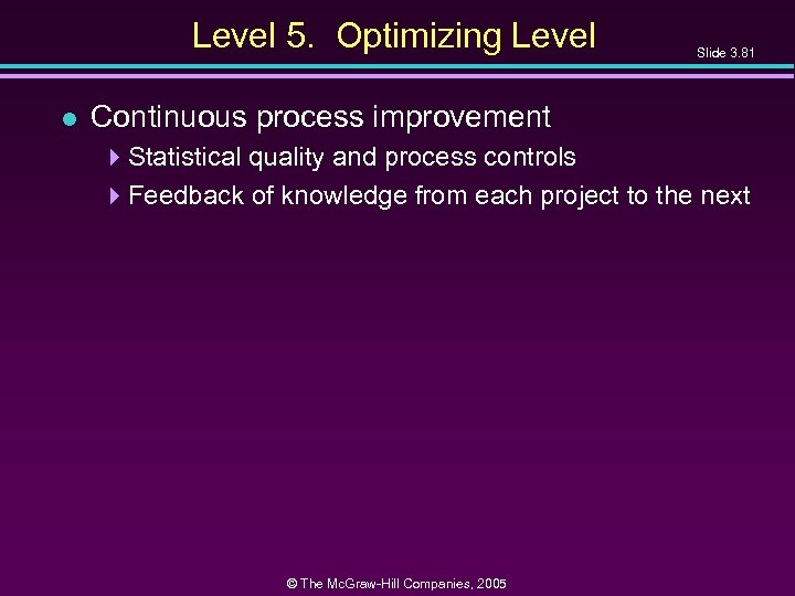 Level 5. Optimizing Level l Slide 3. 81 Continuous process improvement 4 Statistical quality