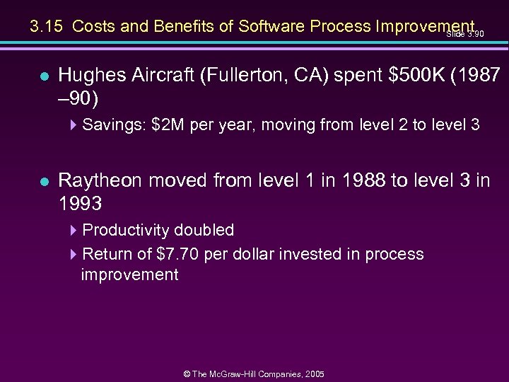 3. 15 Costs and Benefits of Software Process Improvement Slide 3. 90 l Hughes