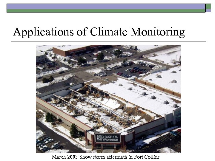 Applications of Climate Monitoring March 2003 Snow storm aftermath in Fort Collins 