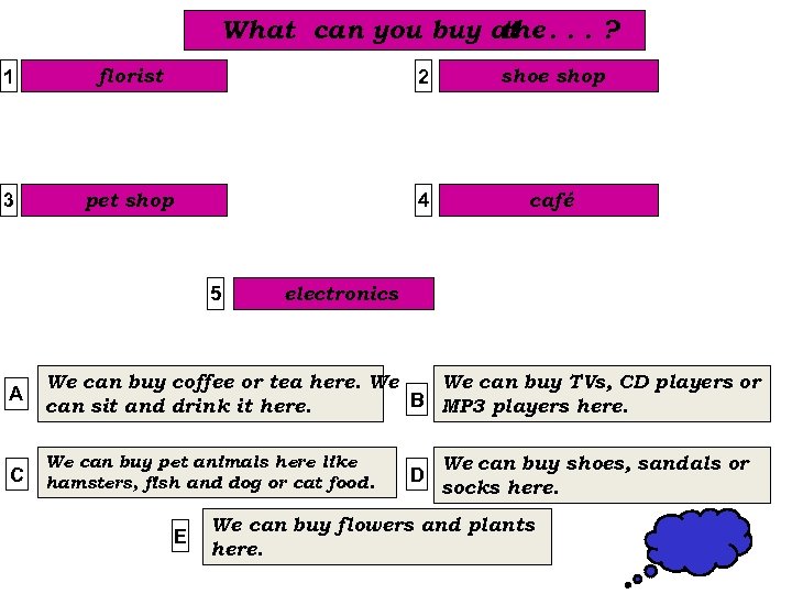 What can you buy at. . . ? the 1 florist 2 shoe shop