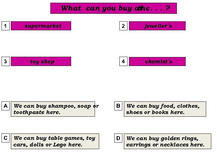What can you buy at. . . ? the 1 supermarket 2 jeweller´s 3
