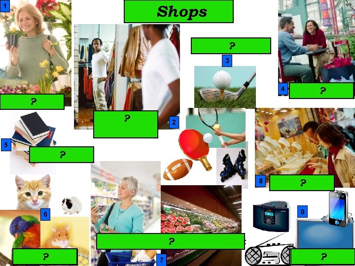 Shops 1 sports shop ? 3 ? café 4 florist ? clothes ? shop