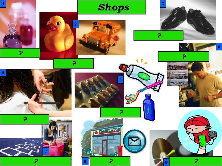 Shops 1 3 2 shoe shop ? 4 perfumes ? newsagent´s ? toy ?