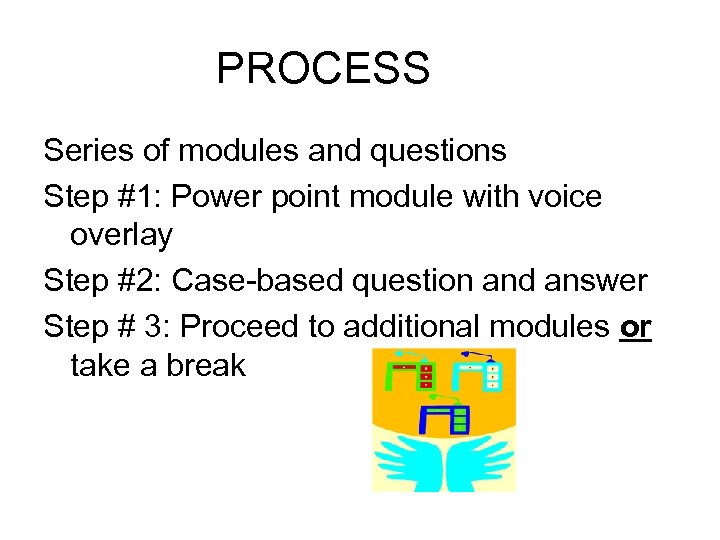 PROCESS Series of modules and questions Step #1: Power point module with voice overlay