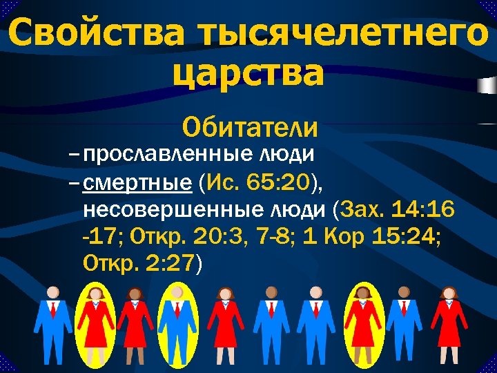 Свойства тысячелетнего царства Обитатели – прославленные люди – смертные (Ис. 65: 20), несовершенные люди