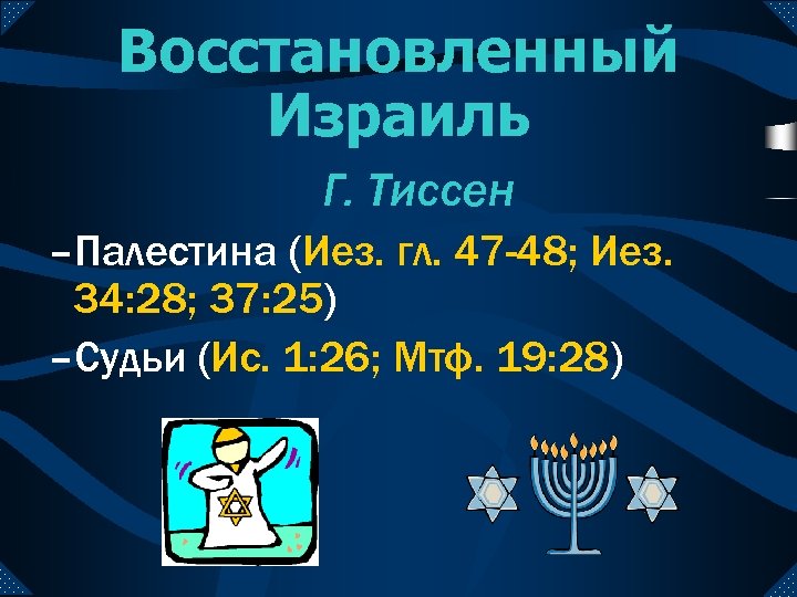 Восстановленный Израиль Г. Тиссен –Палестина (Иез. гл. 47 -48; Иез. 34: 28; 37: 25)