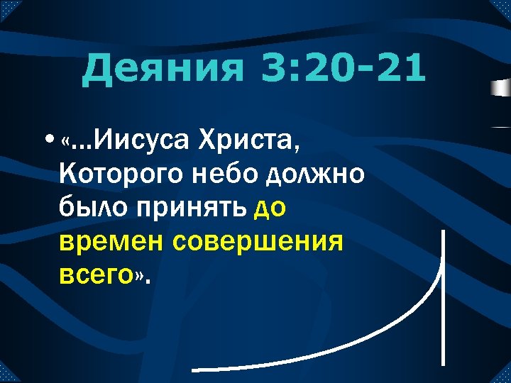 Деяния 3: 20 -21 • «. . . Иисуса Христа, Которого небо должно было