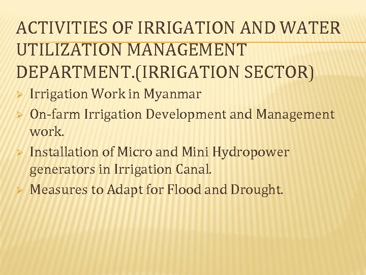 ACTIVITIES OF IRRIGATION AND WATER UTILIZATION MANAGEMENT DEPARTMENT. (IRRIGATION SECTOR) Ø Ø Irrigation Work