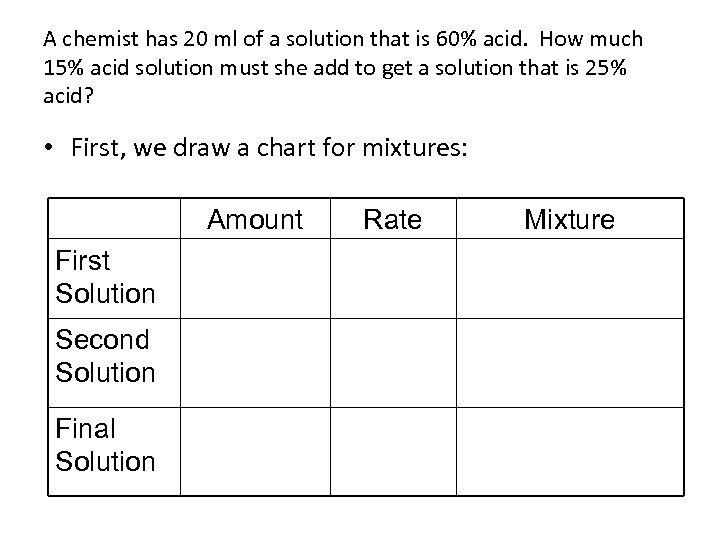 A chemist has 20 ml of a solution that is 60% acid. How much