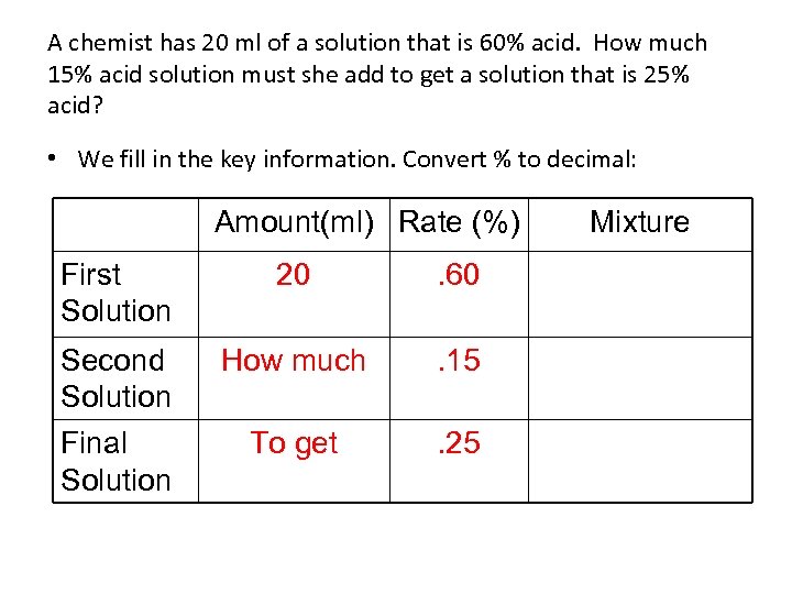 A chemist has 20 ml of a solution that is 60% acid. How much