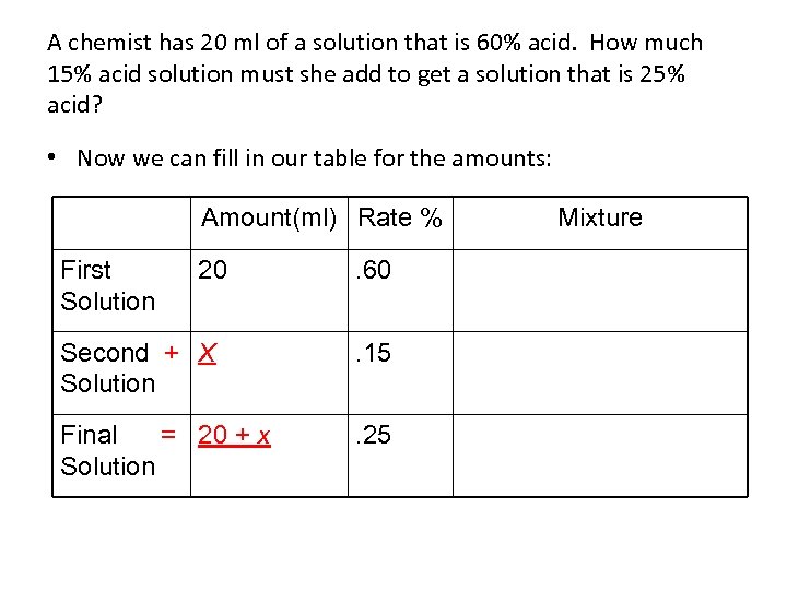 A chemist has 20 ml of a solution that is 60% acid. How much