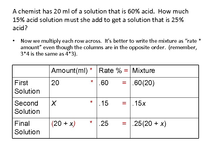 A chemist has 20 ml of a solution that is 60% acid. How much