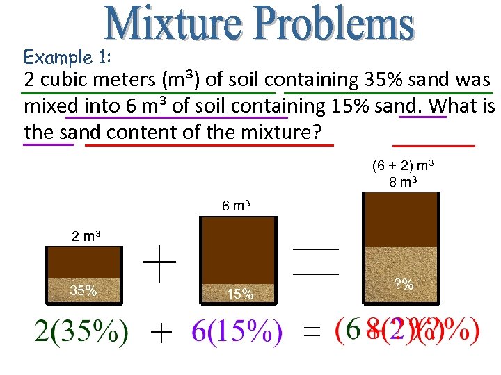 Example 1: 2 cubic meters (m³) of soil containing 35% sand was mixed into