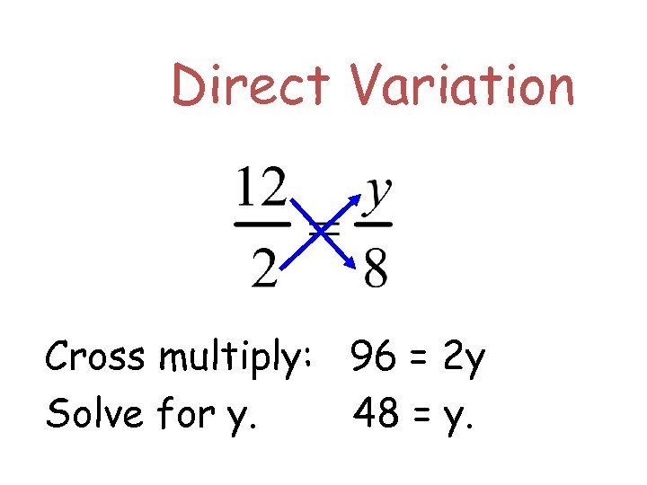 Direct Variation Cross multiply: 96 = 2 y Solve for y. 48 = y.