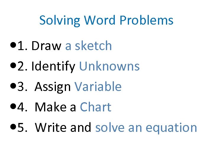 Solving Word Problems 1. Draw a sketch 2. Identify Unknowns 3. Assign Variable 4.