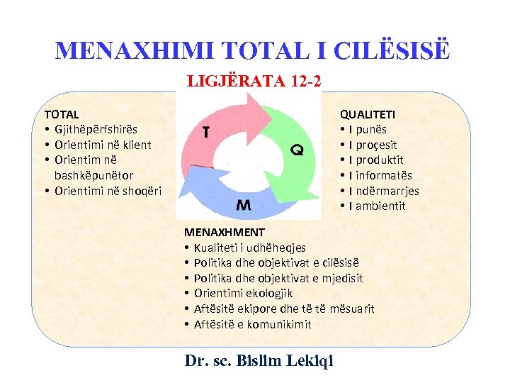 MENAXHIMI TOTAL I CILËSISË LIGJËRATA 12 -2 TOTAL • Gjithëpërfshirës • Orientimi në klient