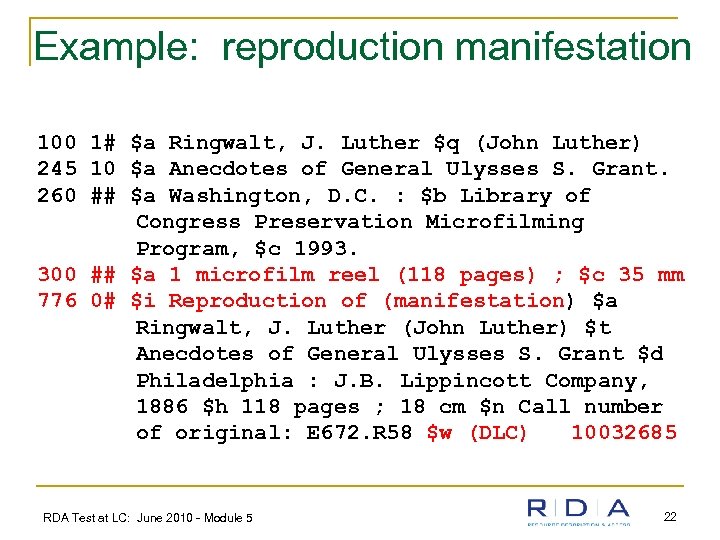 Example: reproduction manifestation 100 1# $a Ringwalt, J. Luther $q (John Luther) 245 10