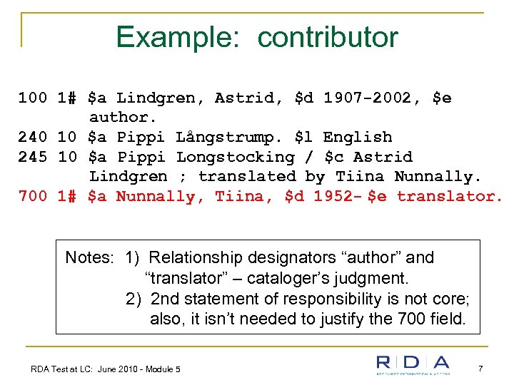 Example: contributor 100 1# $a Lindgren, Astrid, $d 1907 -2002, $e author. 240 10