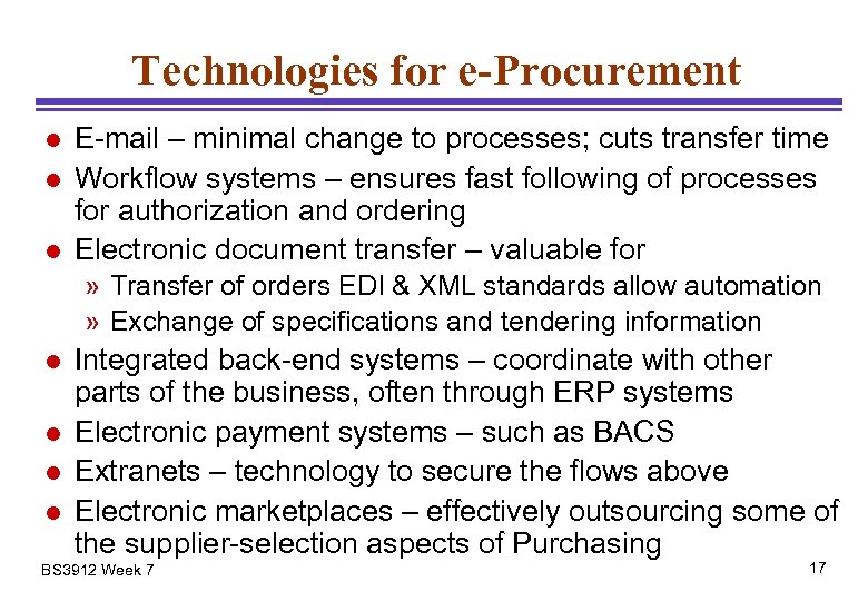 Technologies for e-Procurement l l l E-mail – minimal change to processes; cuts transfer