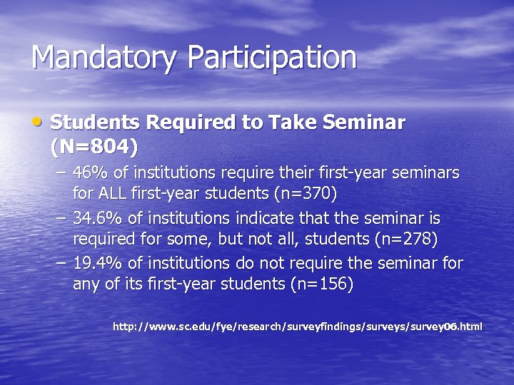 Mandatory Participation • Students Required to Take Seminar (N=804) – 46% of institutions require