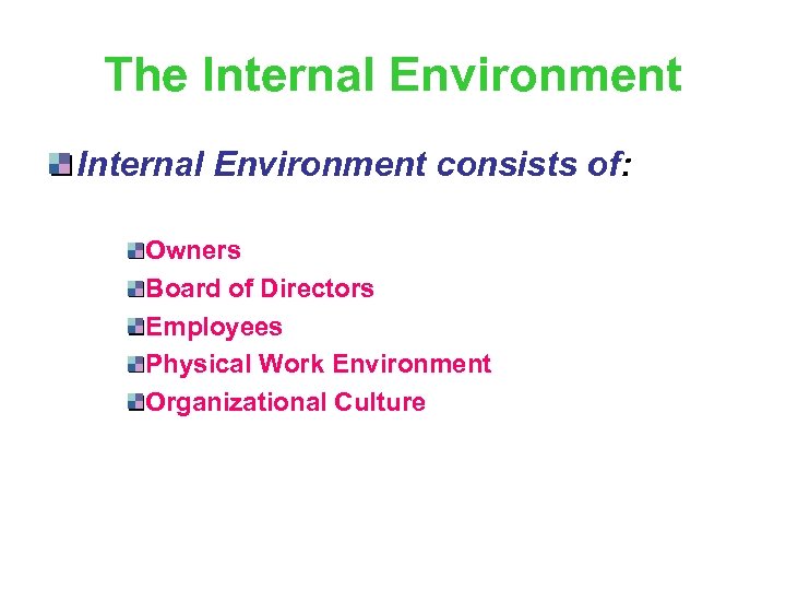 The Internal Environment consists of: Owners Board of Directors Employees Physical Work Environment Organizational