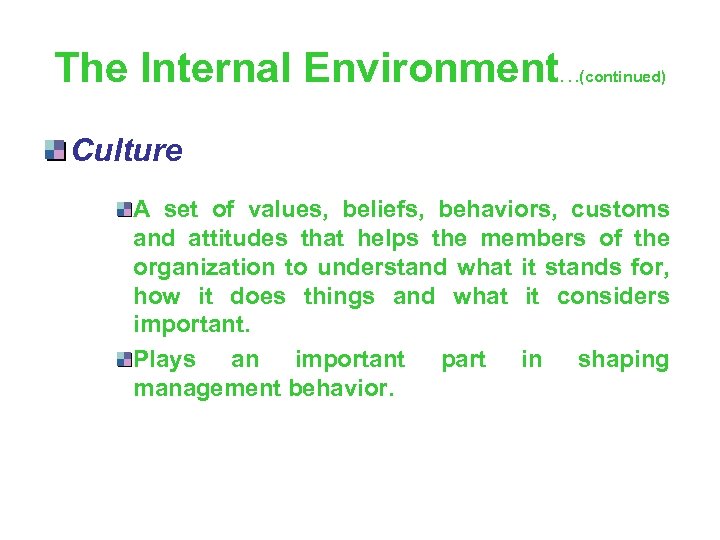 The Internal Environment . . . (continued) Culture A set of values, beliefs, behaviors,