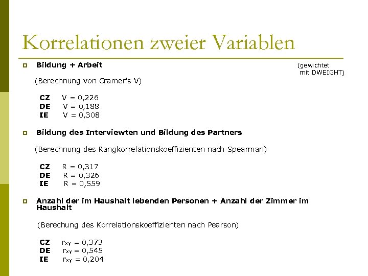Korrelationen zweier Variablen p Bildung + Arbeit (Berechnung von Cramer‘s V) CZ DE IE