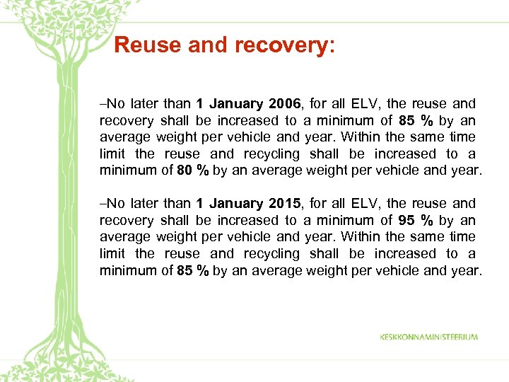 Reuse and recovery: –No later than 1 January 2006, for all ELV, the reuse