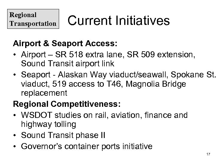Regional Transportation Current Initiatives Airport & Seaport Access: • Airport – SR 518 extra