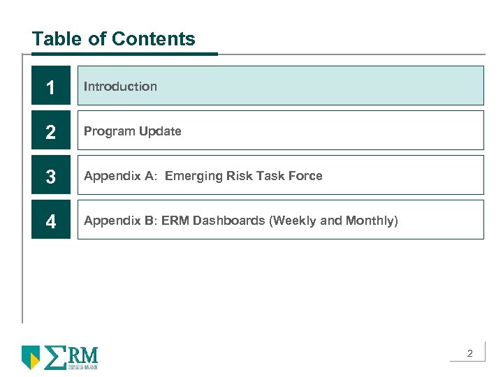 Table of Contents 1 Introduction 2 Program Update 3 Appendix A: Emerging Risk Task