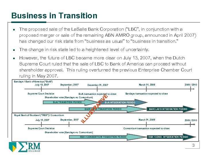 Business in Transition n The proposed sale of the La. Salle Bank Corporation (“LBC”,