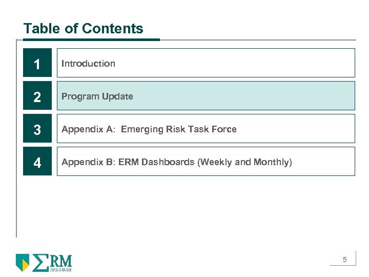 Table of Contents 1 Introduction 2 Program Update 3 Appendix A: Emerging Risk Task