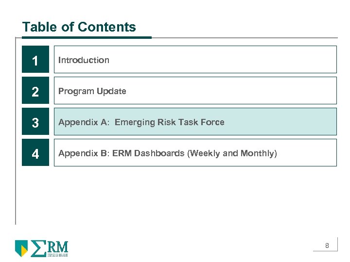 Table of Contents 1 Introduction 2 Program Update 3 Appendix A: Emerging Risk Task