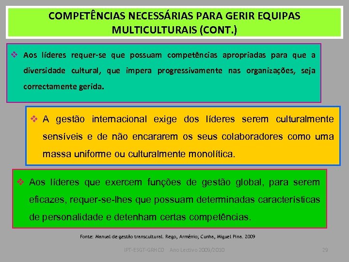 COMPETÊNCIAS NECESSÁRIAS PARA GERIR EQUIPAS MULTICULTURAIS (CONT. ) v Aos líderes requer-se que possuam