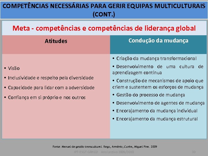 COMPETÊNCIAS NECESSÁRIAS PARA GERIR EQUIPAS MULTICULTURAIS (CONT. ) Meta - competências e competências de