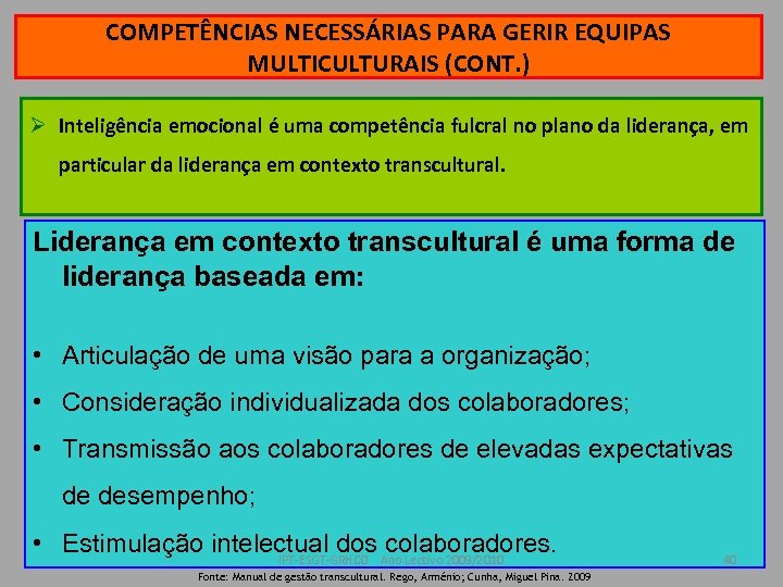 COMPETÊNCIAS NECESSÁRIAS PARA GERIR EQUIPAS MULTICULTURAIS (CONT. ) Ø Inteligência emocional é uma competência
