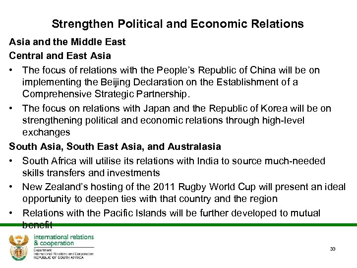 Strengthen Political and Economic Relations Asia and the Middle East Central and East Asia