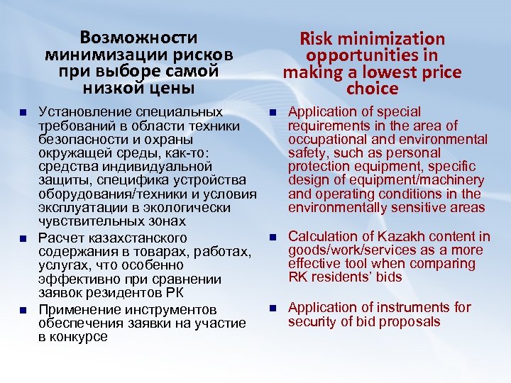 Возможности минимизации рисков при выборе самой низкой цены n n n Установление специальных требований
